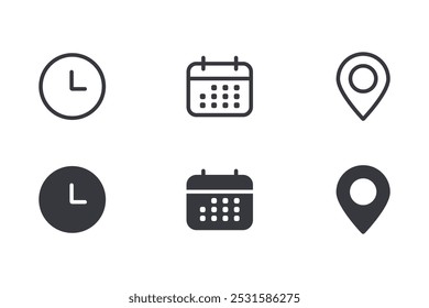 Datos de tiempo e iconos de línea de reloj. Icono de reloj en estilo plano y línea de moda aislado sobre fondo blanco. Iconos de fecha, hora, era, duración, período, lapso, hora, minuto, reloj, temporizador, cronómetro