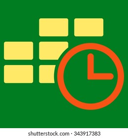 Time Dataset vector icon. Style is bicolor flat symbol, orange and yellow colors, rounded angles, green background.
