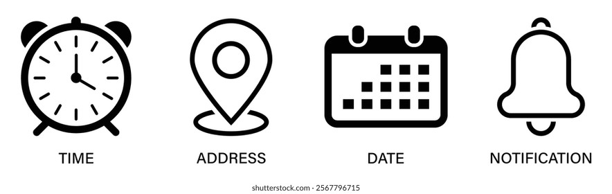 Time, date, address and bell icon set. Calendar, clock, location. Linear vector outline illustration. Vector illustration.