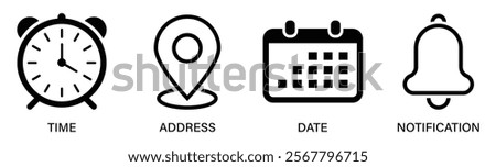 Time, date, address and bell icon set. Calendar, clock, location. Linear vector outline illustration. Vector illustration.