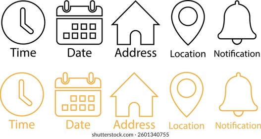 Time, date and address black, yellow line icon set. Event calendar reminder clock business schedule sign, location pin symbol, place pointer time map element vector isolated on transparent background.