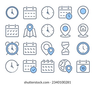 Time, date and address blue editable stroke outline icons set isolated on white background flat vector illustration. Pixel perfect. 64 x 64.