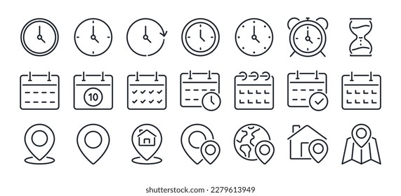 Time, date and address concept editable stroke outline icons set isolated on white background flat vector illustration. Pixel perfect. 64 x 64. - Shutterstock ID 2279613949