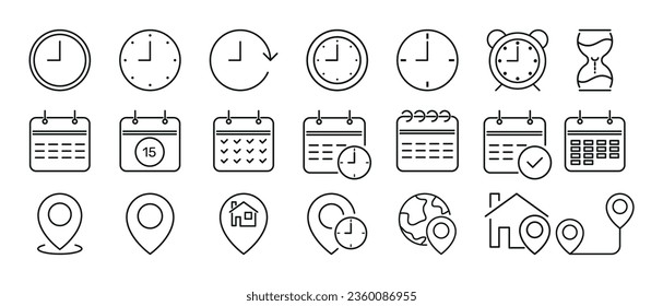 Time, date and address concept editable stroke outline icons set isolated on white background flat vector illustration.