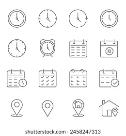 Time, date and address concept editable stroke outline icons set isolated on white background flat vector illustration