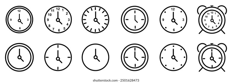 Time, date and address concept editable stroke outline icons set isolated on white background flat vector illustration. Pixel perfect.