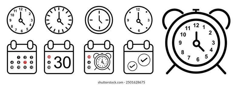 Time, date and address concept editable stroke outline icons set isolated on white background flat vector illustration. Pixel perfect. calendar.