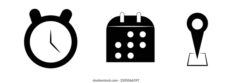 Time, date and address concept editable stroke outline icons set on white background eps 10.
