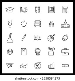 Time, date and address concept editable stroke outline icons set isolated on white background flat vector illustration.