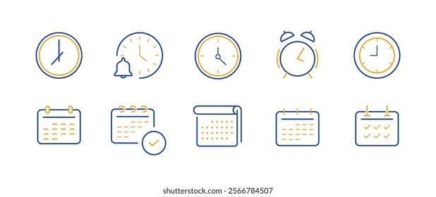 Time, date and address concept editable stroke outline icons set isolated on white background flat vector illustration.