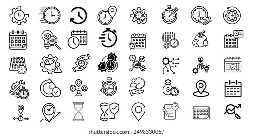 Time, date, and address concept icons. stroke outline collection.