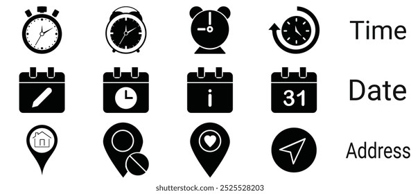 Conjunto de iconos de concepto de hora, fecha y Dirección. Reloj, calendario, pin de ubicación. aislado en Ilustración vectorial plana de fondo blanco.