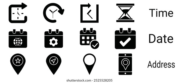 Conjunto de iconos de concepto de hora, fecha y Dirección. Reloj, calendario, pin de ubicación. aislado en Ilustración vectorial plana de fondo blanco.