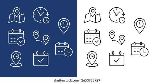 Time, date and address concept icons set isolated vector
