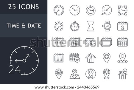 Time, date and address concept outline icons set isolated on white background. vector illustration
