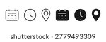 Time, date, and address icon. Clock, calendar, and location elements. Useful date and address details for navigation symbol.