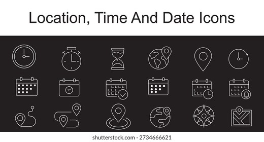 Icono de hora, fecha y Dirección. Elementos de reloj, calendario y ubicación para programar la Ilustración vectorial. Datos útiles de fecha y Dirección para el símbolo de navegación. Limpie el diseño mínimo para el signo de interfaz.