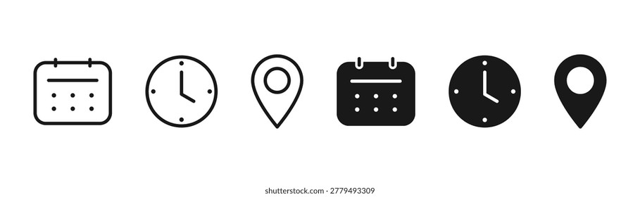 Time, date, and address icon. Clock, calendar, and location elements. Useful date and address details for navigation symbol.