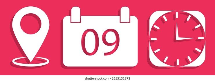 Hora, fecha e icono de Dirección aislado conjunto. Elementos de eventos. Ilustración vectorial de íconos de calendario, calendario y mapa. Calendario, reloj y ubicación para planificación y programación. eps 10