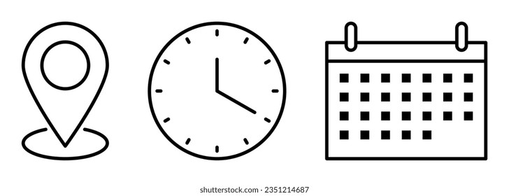 Time, date, and address icon. Line art style. Vector illustration isolated on white background
