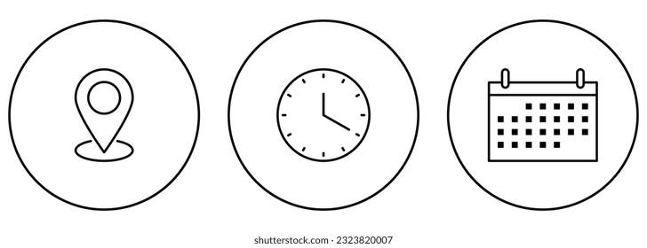 Icono de hora, fecha, dirección en contorno circular. El diseño se puede usar para aplicaciones web y móviles. Ilustración del vector