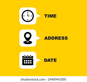 Time, date and address icon set. Clock, calendar, location pin. Vector illustration.