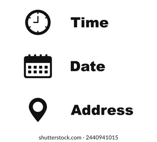 Time, date and address icon set. Clock, calendar, location pin. Vector illustration.