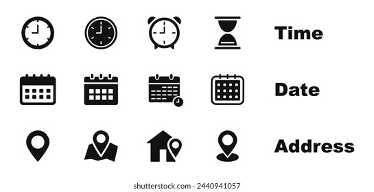 Time, date and address icon set. Clock, calendar, location pin. Vector illustration.