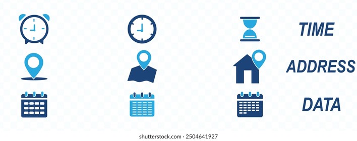 Zeit-, Datum- und Adresssymbolsatz. Uhr, Kalender, Lagerstift. Vektorgrafik.
