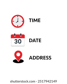 Time, date and address icon set. Clock, calendar, location pin. Vector illustration.