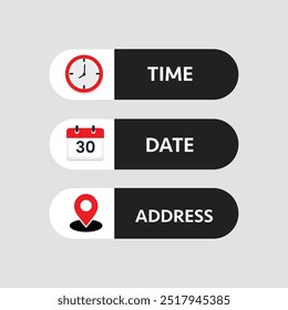 Time, date and address icon set. Clock, calendar, location pin. Vector illustration.