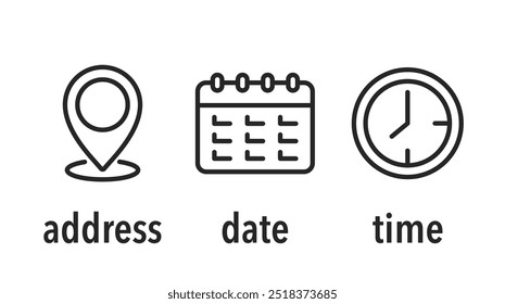 Zeit-, Datum- und Adresssymbolsatz. Kalender, Uhr, Ort. Bearbeitbarer Strich. Lineare Vektorkonturgrafik. Vektorgrafik.