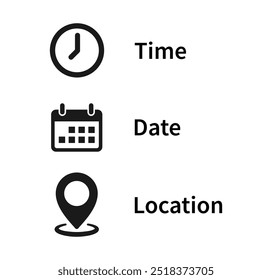 Time, date and address icon set. Calendar, clock, location. Editable stroke. Linear vector outline illustration. Vector illustration.