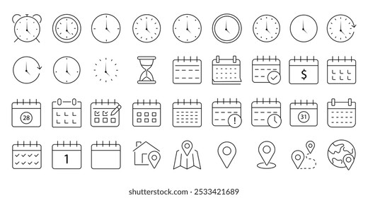 hora, fecha, conjunto de iconos de Dirección. que contiene el reloj, el calendario, el pin de ubicación. colección de iconos de contorno delgado de stock editable. aislado en Ilustración vectorial plana de fondo blanco. 