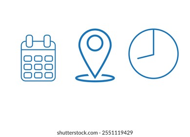 Time, date and address icon set. Calendar, clock, location. Editable stroke. Linear vector outline illustration. Vector illustration.