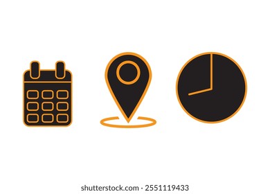 Time, date and address icon set. Calendar, clock, location. Editable stroke. Linear vector outline illustration. Vector illustration.