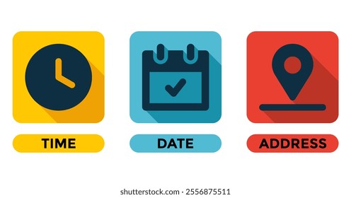 Time, date and address icon set. Simple illustration with long shadow for graphic and web design.