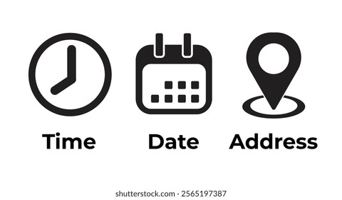 Time, date and address icon set. Calendar, clock, location.  Linear vector illustration outline.