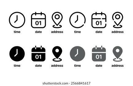 Time, date and address icon set. Calendar, clock, location. Editable stroke. Linear vector outline illustration. Vector illustration.