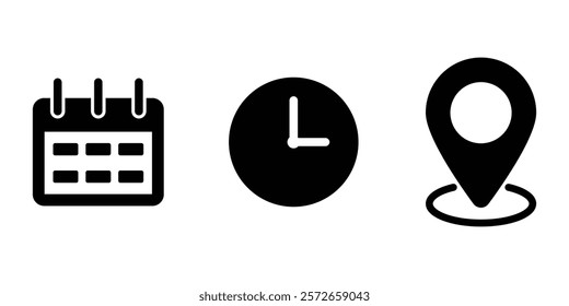 Time, date and address icon set. Calendar, clock, location. Black flat web icons. Stopwatch timer icon. Date Calendar icon. Vector illustration.