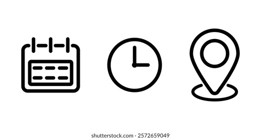 Time, date and address icon set. Calendar, clock, location.  Linear vector outline illustration. Stopwatch timer icon. Date Calendar icon. Vector illustration.