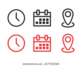Time, date, address icon set. Calendar, clock, location pin. Editable stroke. Linear outline illustration. Vector illustration