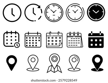 Time, date and address icon set. Calendar, clock, location. Editable stroke. Linear vector outline illustration. Vector illustration.