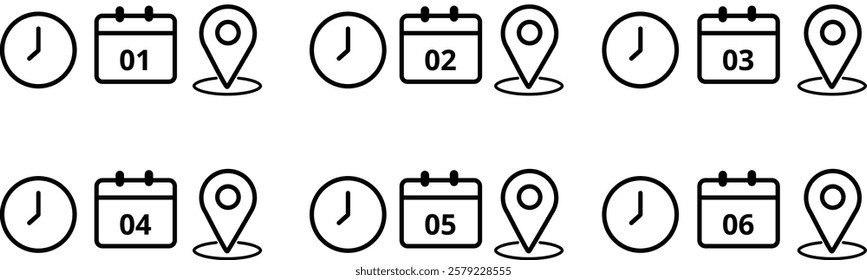 Time, date and address icon set. Calendar, clock, location. Editable stroke. Linear vector outline illustration. Vector illustration.