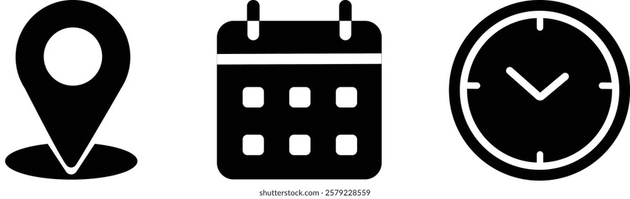 Time, date and address icon set. Calendar, clock, location. Editable stroke. Linear vector outline illustration. Vector illustration.