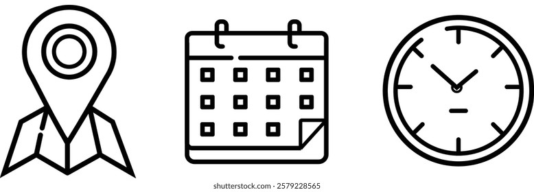 Time, date and address icon set. Calendar, clock, location. Editable stroke. Linear vector outline illustration. Vector illustration.