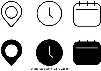 Time, date and address icon set. Calendar, clock, location. Editable stroke. Linear vector outline illustration. Vector illustration.