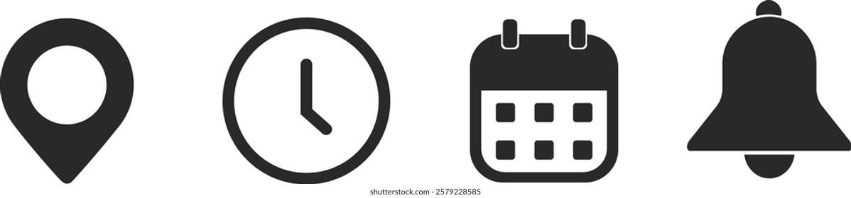 Time, date and address icon set. Calendar, clock, location. Editable stroke. Linear vector outline illustration. Vector illustration.