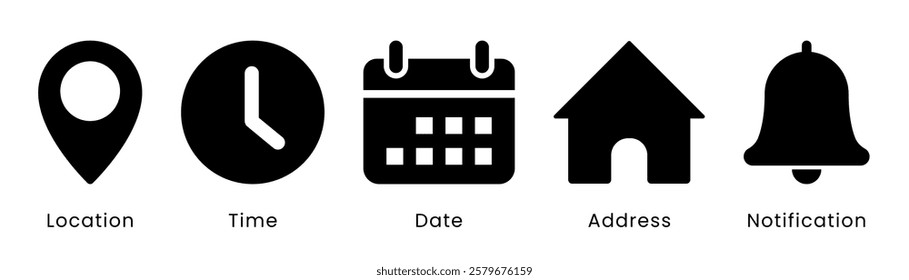 Time, date, and address icon set. Event calendar reminder clock business schedule signs,  location pin symbol,  place pointer time map elements isolated on transparent png. vector illustration.