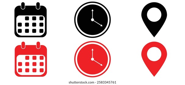 Time, date and address icon set. Calendar, clock, location.  Stopwatch timer icon. Date Calendar icon - Web icons set